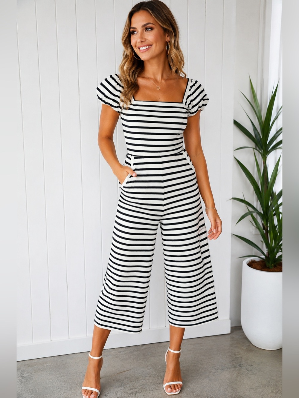 Monteau Los Angeles Striped Off Shoulder Wide Leg Jumpsuit Size S